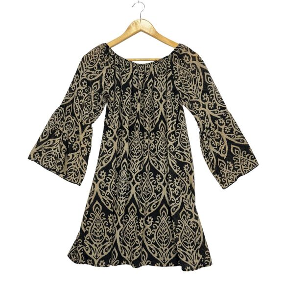 2B Together Sheer Bell Sleeve Tunic Dress Black Tan Women Size Small Long Sleeve - Picture 2 of 11